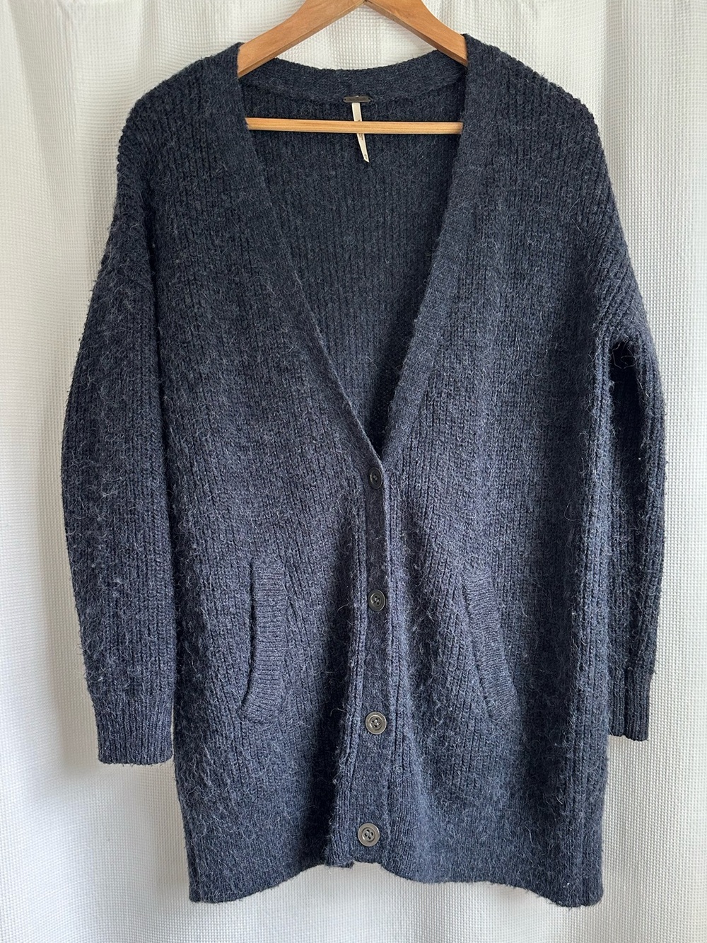 Free People Heathered Navy Fuzzy Knit Cardigan, XS